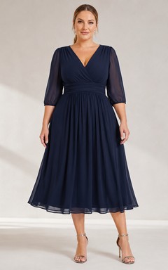 Dark Navy Curve Friendly V Neck Chiffon Three Quarter Sleeve Tea Length A Line Dress