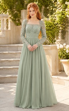 Sage Chiffon Lace Long Sleeve Modest A Line Prom Gown