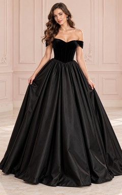 Black Off Shoulder Sweetheart Velvet Satin Ball Gown Evening Dress