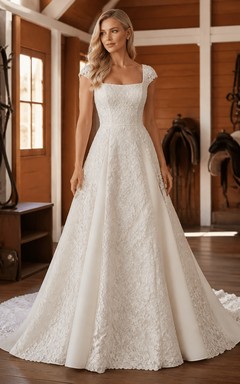 Vestido de novia estilo western vintage de encaje, cuello cuadrado y manga corta, largo hasta el suelo.