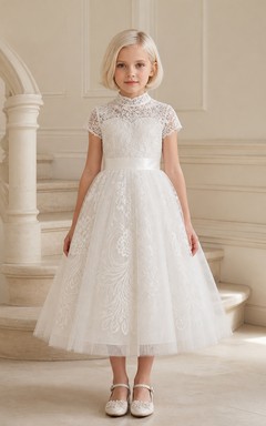 Schlichtes, teelanges A-Linien-Tüllkleid mit hohem Kragen und kurzen Ärmeln für Blumenmädchen
