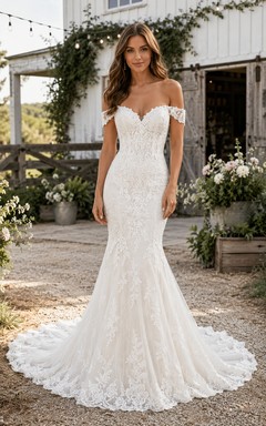 Off-the-Shoulder Mermaid Lace Country Wedding Dress with Sweetheart Bodice and Train