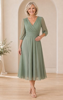 Elegant Older-Women Celadon V-Neck Three-Quarter-Sleeve Chiffon A-Line Tea-Length Mother Dress