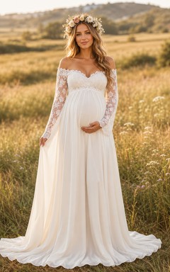 Maternity Wedding Dress Off Shoulder Long Lace Sleeve A-Line Gown with Train