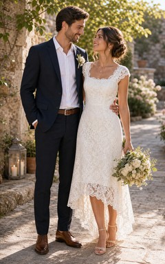 Elegantes Brautkleid aus Spitze mit hohem/tiefem U-Ausschnitt, kurzen Ärmeln und schlichter Eleganz