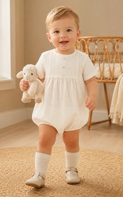 Cremefarbenes, gerafftes Kurzarm-Taufkleid für Jungen