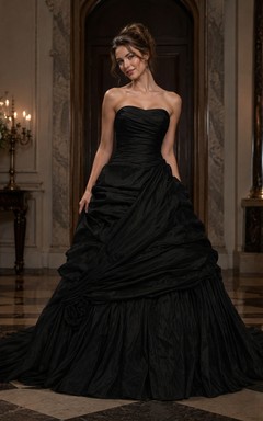A-Line Maxi Sweetheart Pleats Zipper Lace-Up Back Lace Taffeta Dress