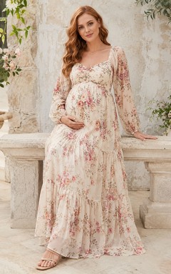 Pink Floral Maternity Square Neck Long Sleeve Chiffon Floor-Length Dress