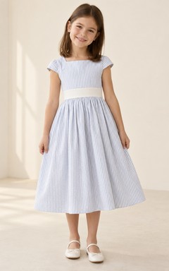 Modest Square Neck Blue White Striped Tea-length Compact Cap Sleeve Full Flower Girl Dress