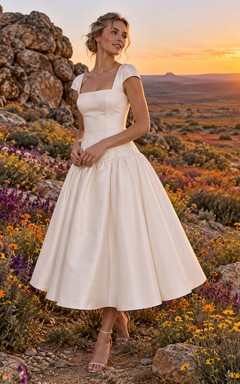 Simple Tea Length Square Neck Satin Cap Sleeve Dropped Waist Wedding Dress