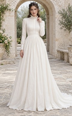 Simple Pintucked Bodice Long Sleeve High Neck Pleated Cotton A-Line Floor Length Wedding Dress
