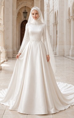 Vestido de novia musulmán de satén con escote barco y mangas largas, corte en A