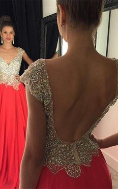 Gorgeous Crystal Open Back Evening Dress Cap Sleeve Long Chiffon Prom Gown