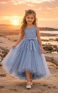 Vestido de niña de las flores azul cielo, encaje, tul, corte en A, cuello joya, largo hasta la rodilla