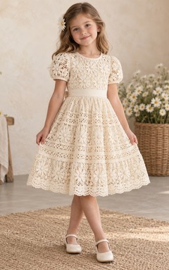 Boho Vintage Tea-length Cream Puff Sleeve Daisy Tiered Lace Flower Girl Dress