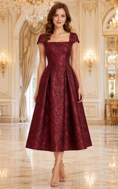 Robe d'invitée bordeaux à col carré, manches courtes et jacquard, coupe trapèze