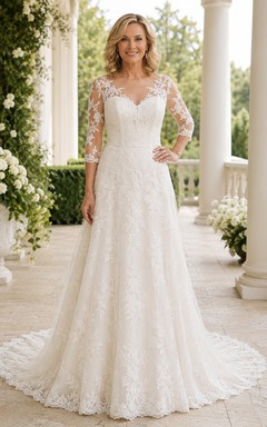 Lace Wedding Dress Mermaid V-Neck Long Sleeve Chapel Train Bridal Gown