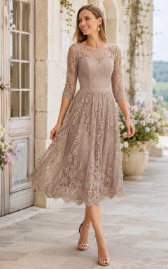 Taupe Jewel Neck Three Quarter Lace A Line Guest Dress