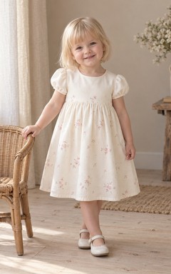 Modest Cream Pink Floral Knee Length Small Puff Sleeve Cluster Print Flower Girl Dress