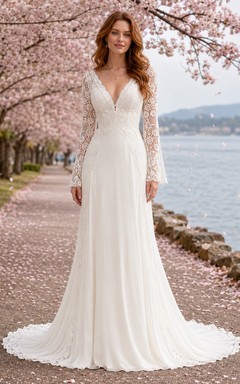 Brautkleid mit V-Ausschnitt, Spitzenärmeln und Kirschblütenmuster