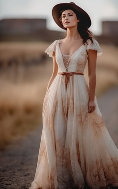 Ländliches Boho-Hochzeitskleid mit Farbe | Langes Brautkleid im Western-Vintage-Boho-Stil mit kurzen Ärmeln