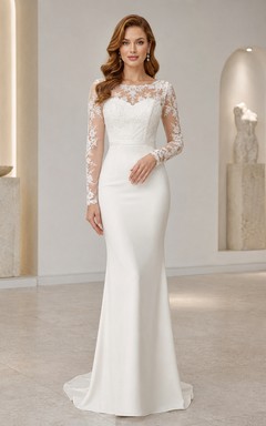 Robe de mariée sirène à manches longues en dentelle illusion bateau, style modeste, style court