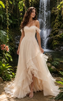 Ruffle Hem Off-Shoulder Tropical Waterfall Elopement Bridal Gown