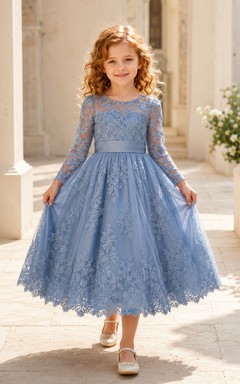 Blaues langärmeliges Spitzenkleid für Blumenmädchen