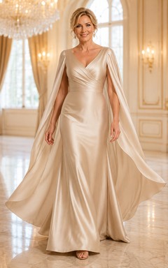 MOB-Kleid aus champagnerfarbenem Satin, A-Linie, lange Ärmel, V-Ausschnitt, bodenlang, mit Cape-Ärmeln