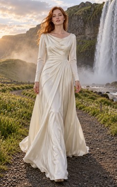 Sencillo vestido de novia de charmeuse con mangas largas, cuello drapeado, cintura fruncida y drapeado lateral.