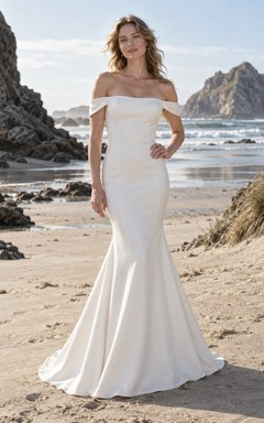 Einfaches schulterfreies Meerjungfrauen-Hochzeitskleid mit Schleppe und natürlicher Taille