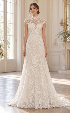 High Neck Cap Sleeve Floral Lace Fitted Train Wedding Dress