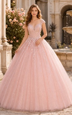 Blushing Pink Luxury Cap Sleeve V Neck Applique Glitter Tulle Quinceanera Ball Gown