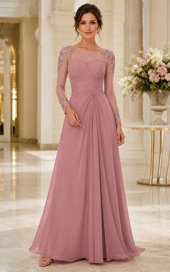 Robe de soirée rose poudré en mousseline de dentelle, coupe trapèze, col rond, manches longues, longueur au sol