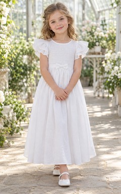 Simple Modest White Ankle-length Scoop Smocked Double-flutter Bow-waist Gathered Gauze Flower Girl Dress