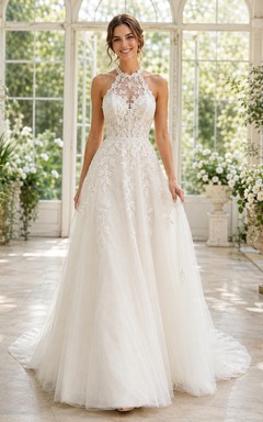 Romantic Halter Lace Tulle Wedding A Line Sleeveless Chapel Train
