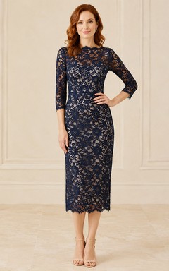 Ink Navy Floral Lace Long Sleeve Sheath Knee-length Formal Dress