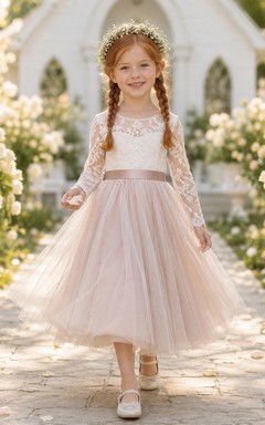 Blush Flower Girl Dress Tea-Length Lace Tulle A-Line Illusion Jewel Long Sleeve Button Back Satin Bow