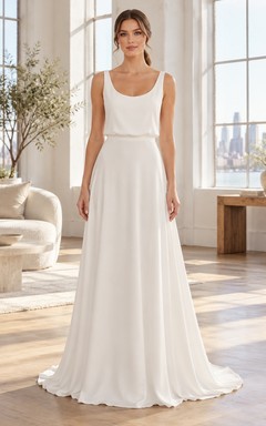 Simple Scoop Neck Sleeveless Flowing Full A-line Bridal Wedding Dress