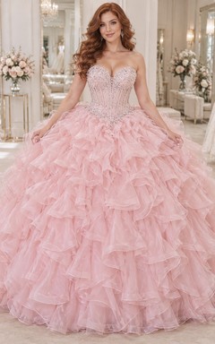 Vestido de novia de gala rosa palo sin tirantes con escote corazón, bordado con cuentas y volantes de organza en cascada.