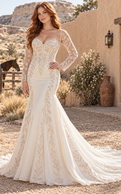 Vestido de novia de satén estilo sirena de manga larga, estilo bohemio campestre, con escote corazón y bordado de enredaderas.