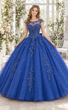 Robe de bal de quinceañera en tulle bleu roi à manches courtes et dentelle illusion