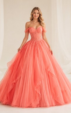 Coral Off-Shoulder Sweetheart Tulle Ball Gown Quinceanera Dress Reception Romantic