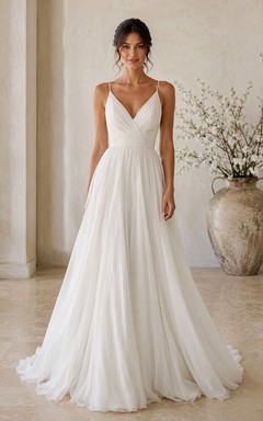 Simple Beach A-Line Wedding Dress with Spaghetti Straps and Flowing Chiffon Train