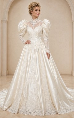 Vestido de novia vintage elegante y modesto de manga larga con corte en A y encaje.