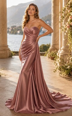Dusty Rose Strapless Cowl Draped Satin Mermaid Cathedral Wedding Gown