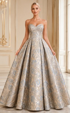 Vestido de gala formal de brocado plateado sin tirantes