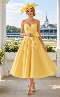 Vestido Derby vintage sin tirantes, de satén, corte A, largo hasta la rodilla, color narciso, con lazo, escote corazón.