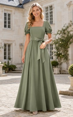Elegant Sage Satin Formal A Line Floor Length Square Neck Puff Sleeve Gown