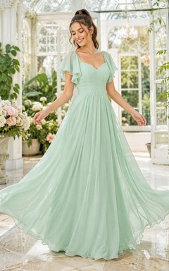 Mint Green Chiffon A-Line Bridesmaid Dress with V-Neck, Flutter Sleeves and Bow Back